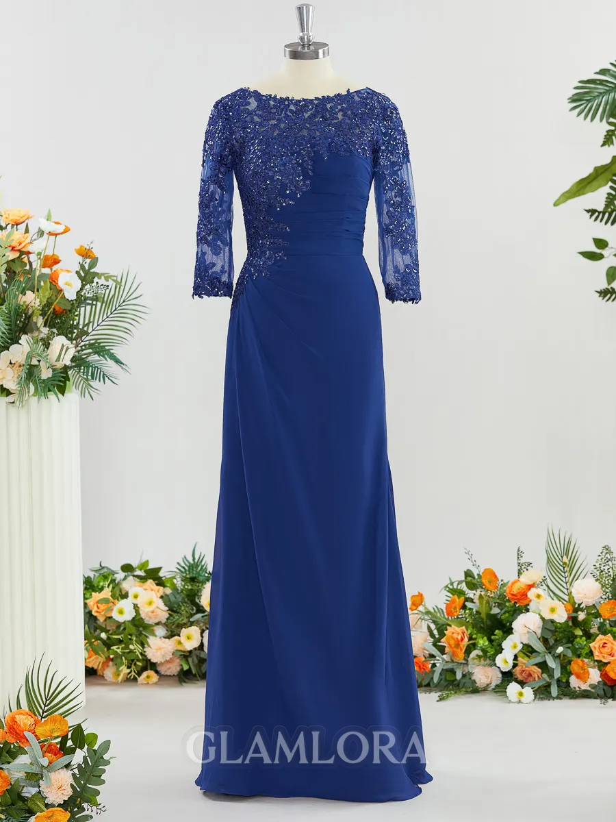 Sheath/Column Bateau 3/4 Sleeves Stylish Floor-Length Chiffon Mother of the Bride Dress With Applique