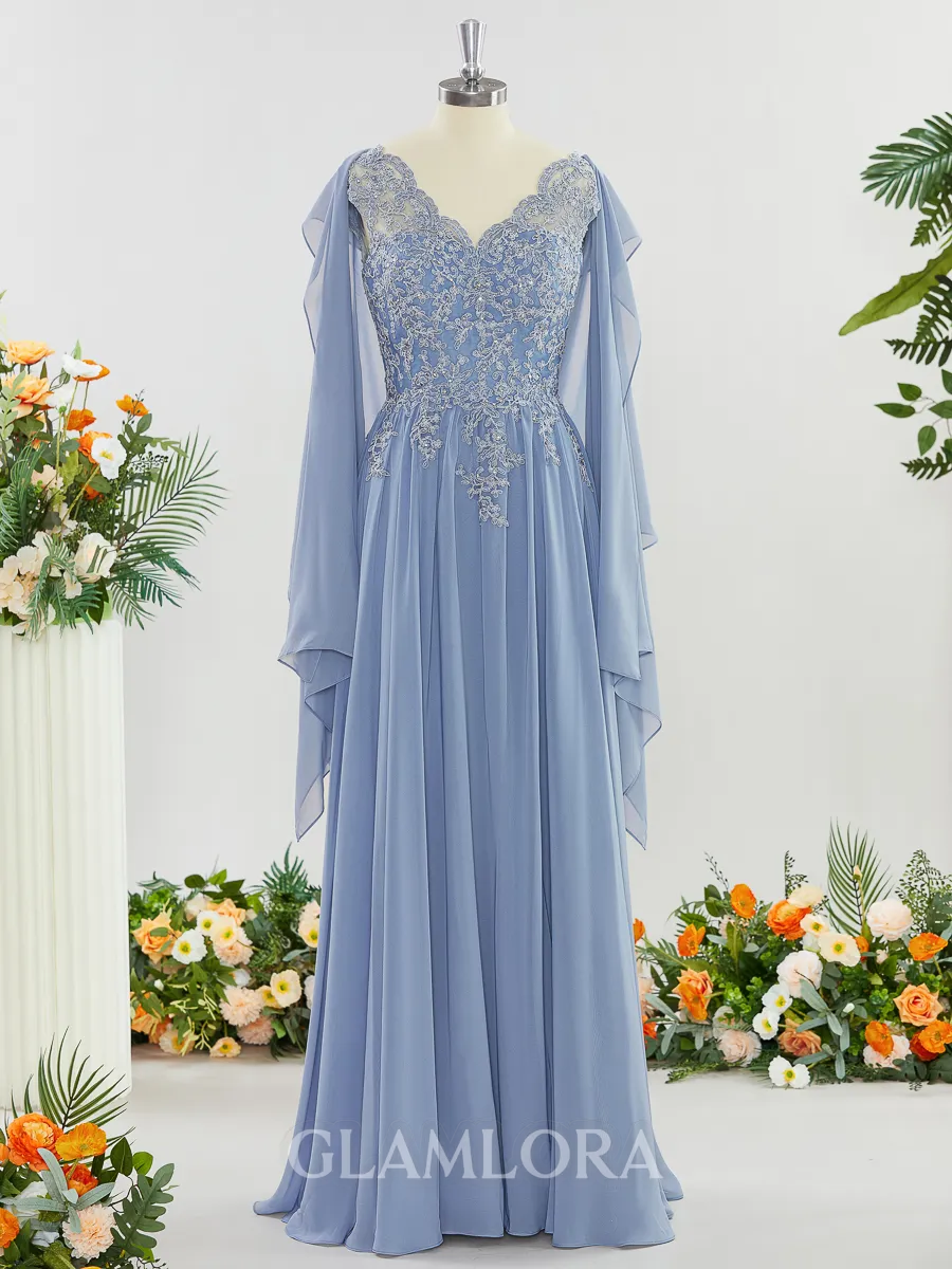 Classy A-line V-neck Floor-Length Chiffon Mother of the Bride Dress With Wrap