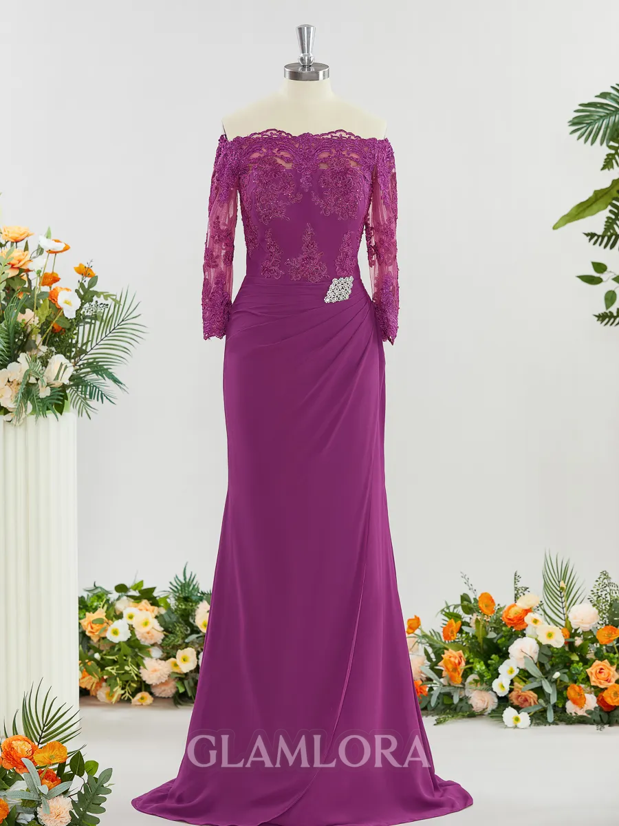Sheath/Column Off-the-Shoulder Refined 3/4 Sleeves Sweep Train Chiffon Mother of the Bride Dress With Applique
