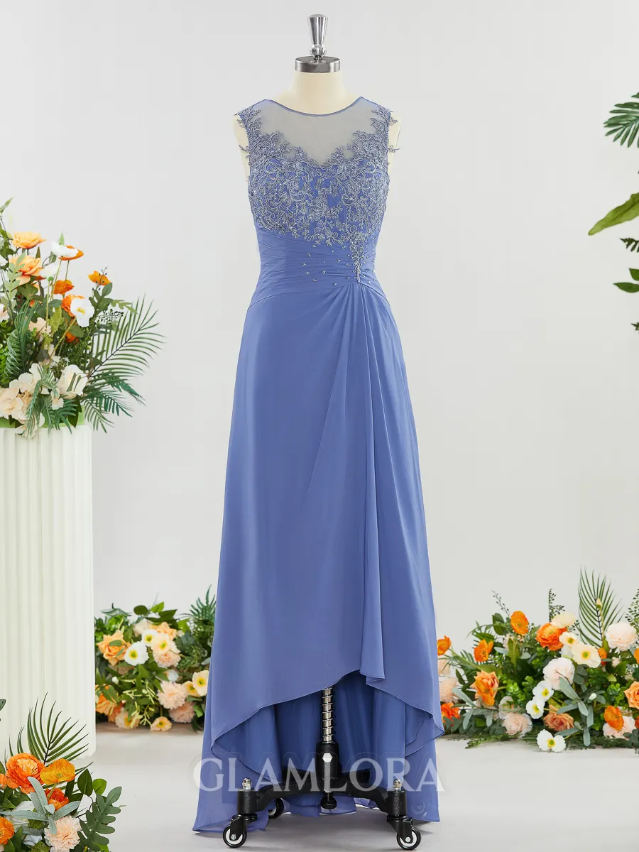 Chic A-line Scoop Asymmetrical Chiffon Mother of the Bride Dress With Applique