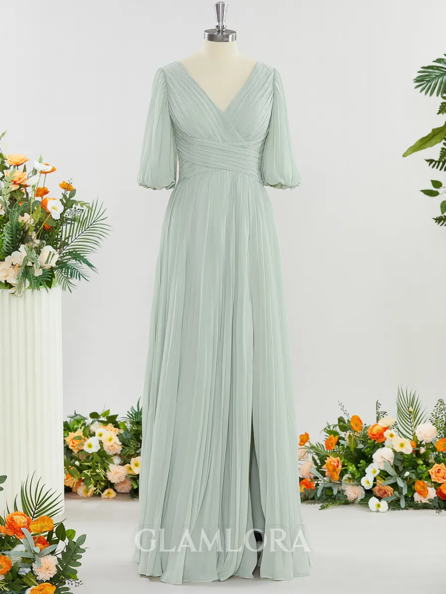 A-line Flattering V-neck 1/2 Sleeves Floor-Length Chiffon Mother of the Bride Dress With Pleated