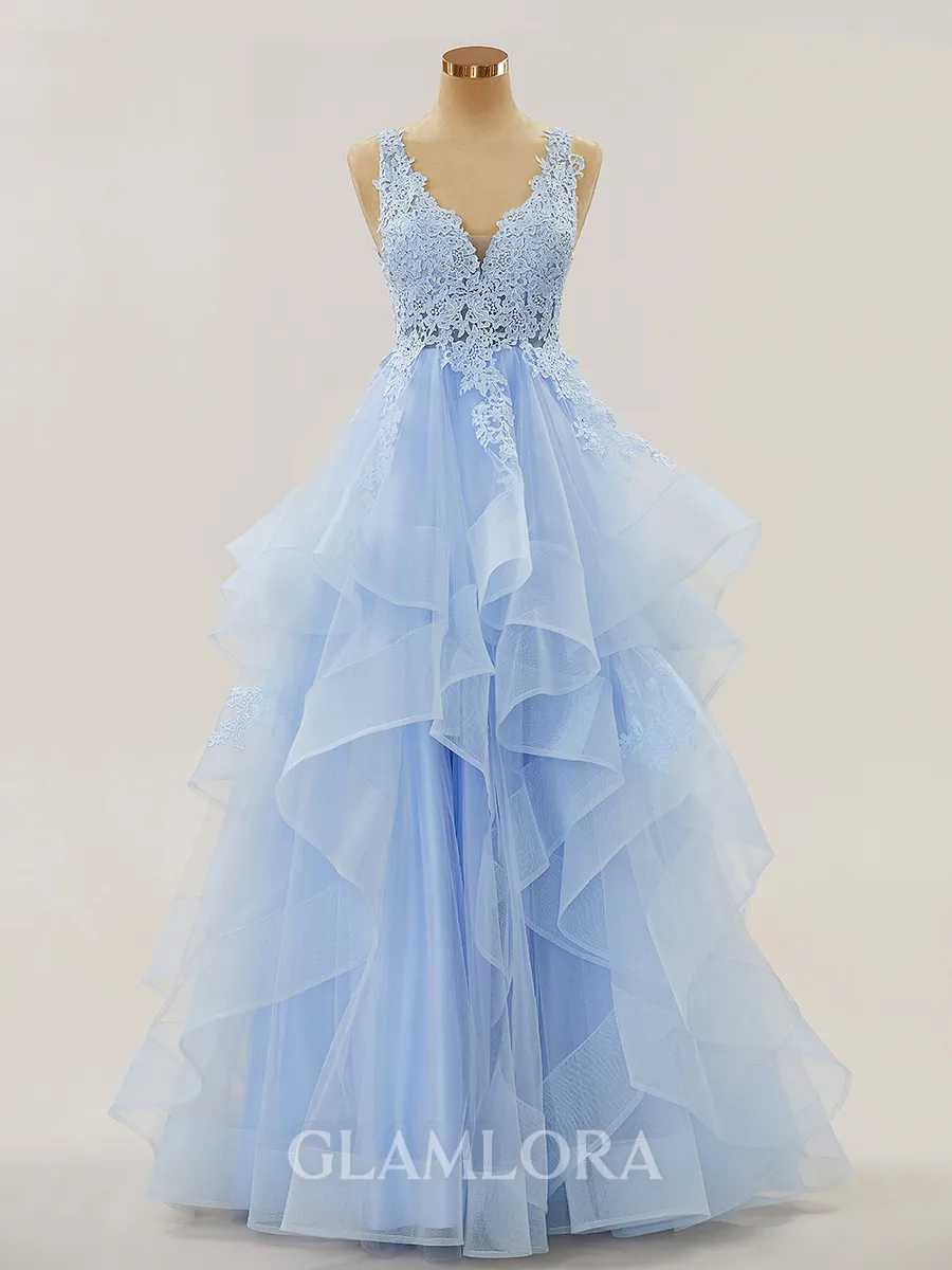 A-line Princess V-Neck Floor-Length Tulle Prom Dress With Appliques Lace