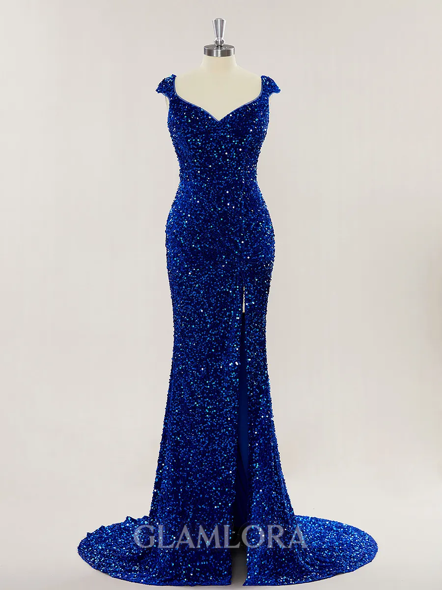Sparkly Sheath/Column V-Neck Court Train Velvet Sequins Prom Dress With Slit