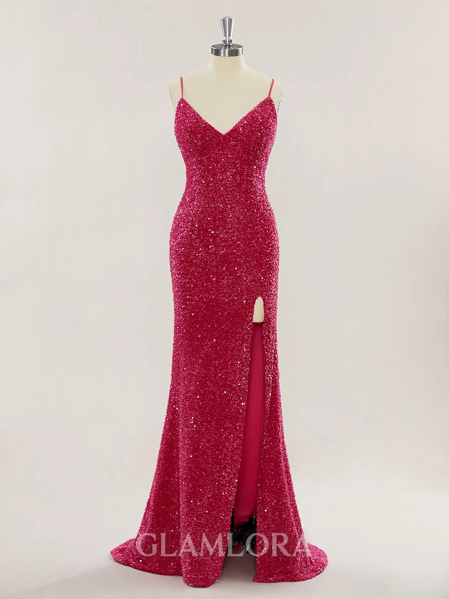 Shiny Sheath/Column V-Neck Sweep Train Velvet Sequins Prom Dress With Slit