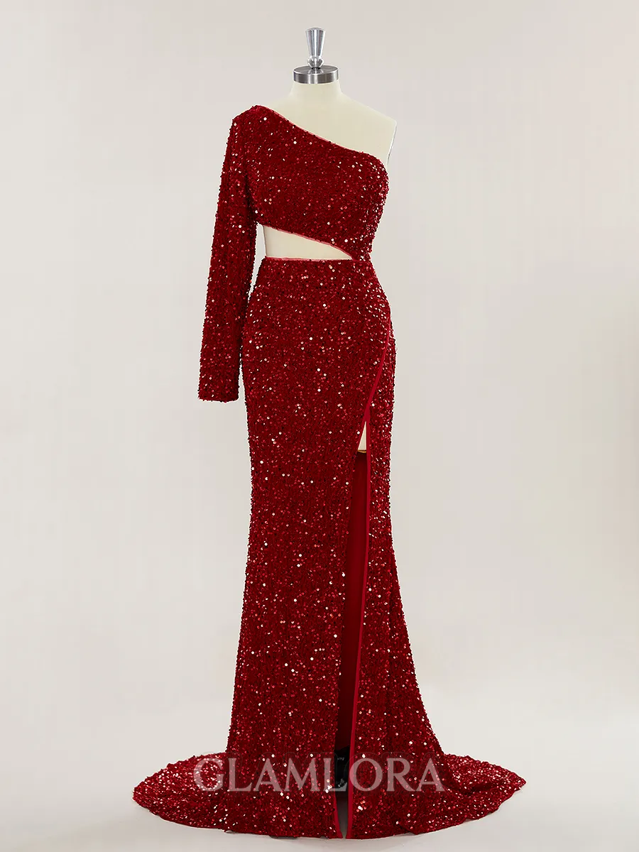 Sheath/Column One-Shoulder Long Sleeves Shimmery Sweep Train Velvet Sequins Prom Dress With Slit