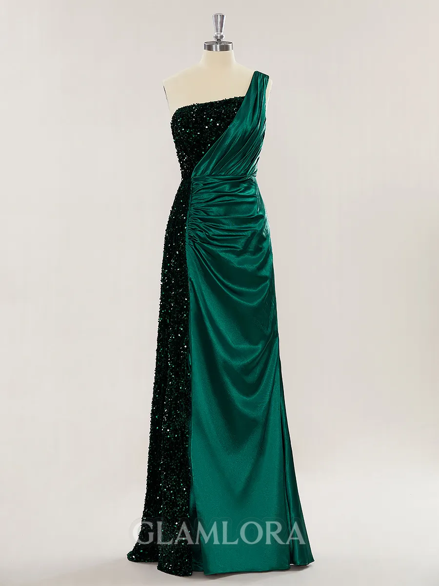 Sheath/Column One-Shoulder Floor-Length Sparking Velvet Sequins Prom Dress With Slit