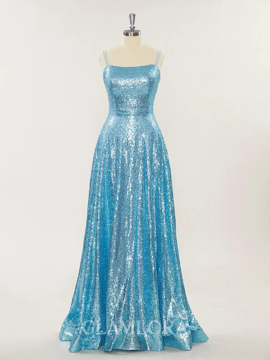 A-line Spaghetti Straps Twinkling Sweep Train Sequins Prom Dress