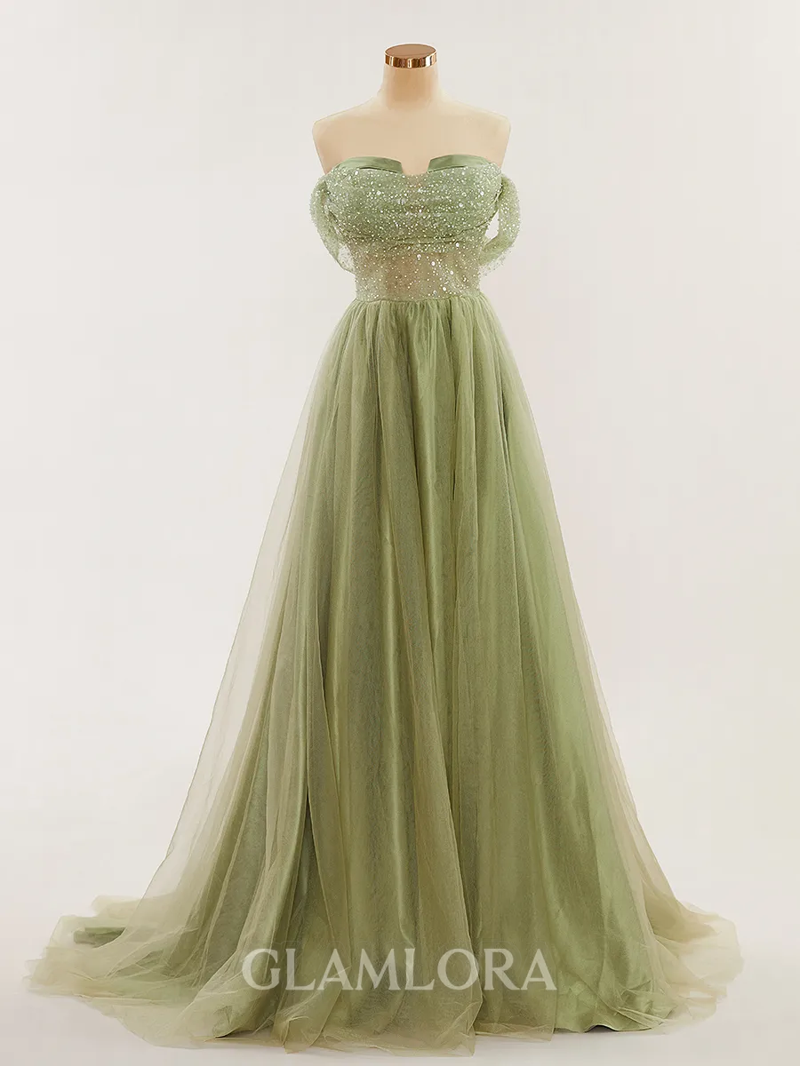 Elegant A-line Off-the-Shoulder Court Train open back Tulle Corset Prom Dress With Sequins