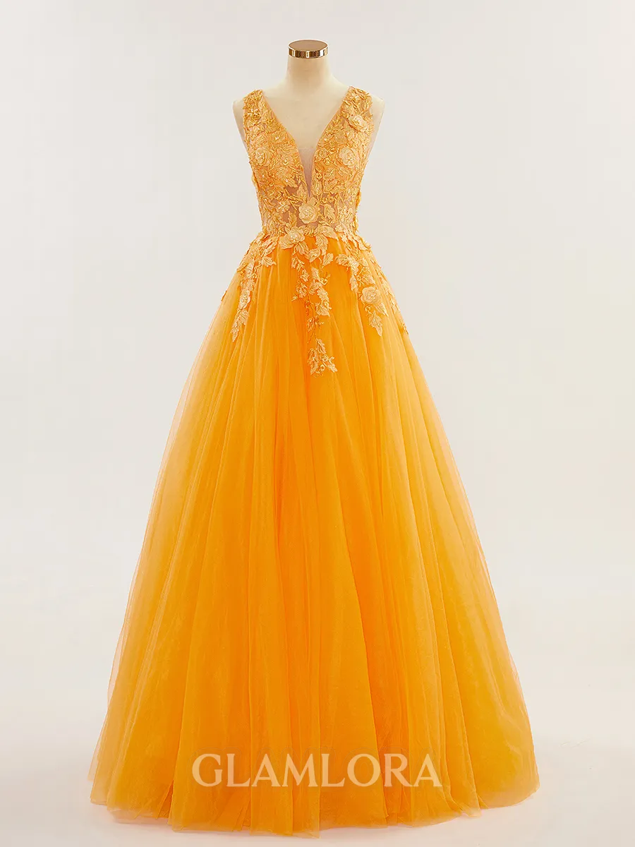 Chic A-line V-Neck Floor-Length open back Tulle Prom Dress With Appliques Lace