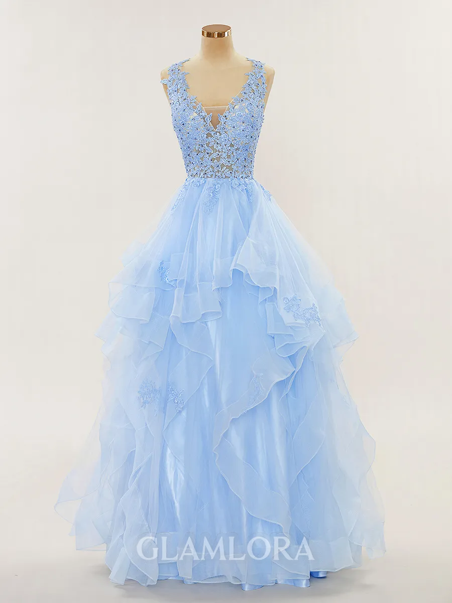 A-line Charming V-Neck Floor-Length Tulle Prom Dress With Appliques Lace