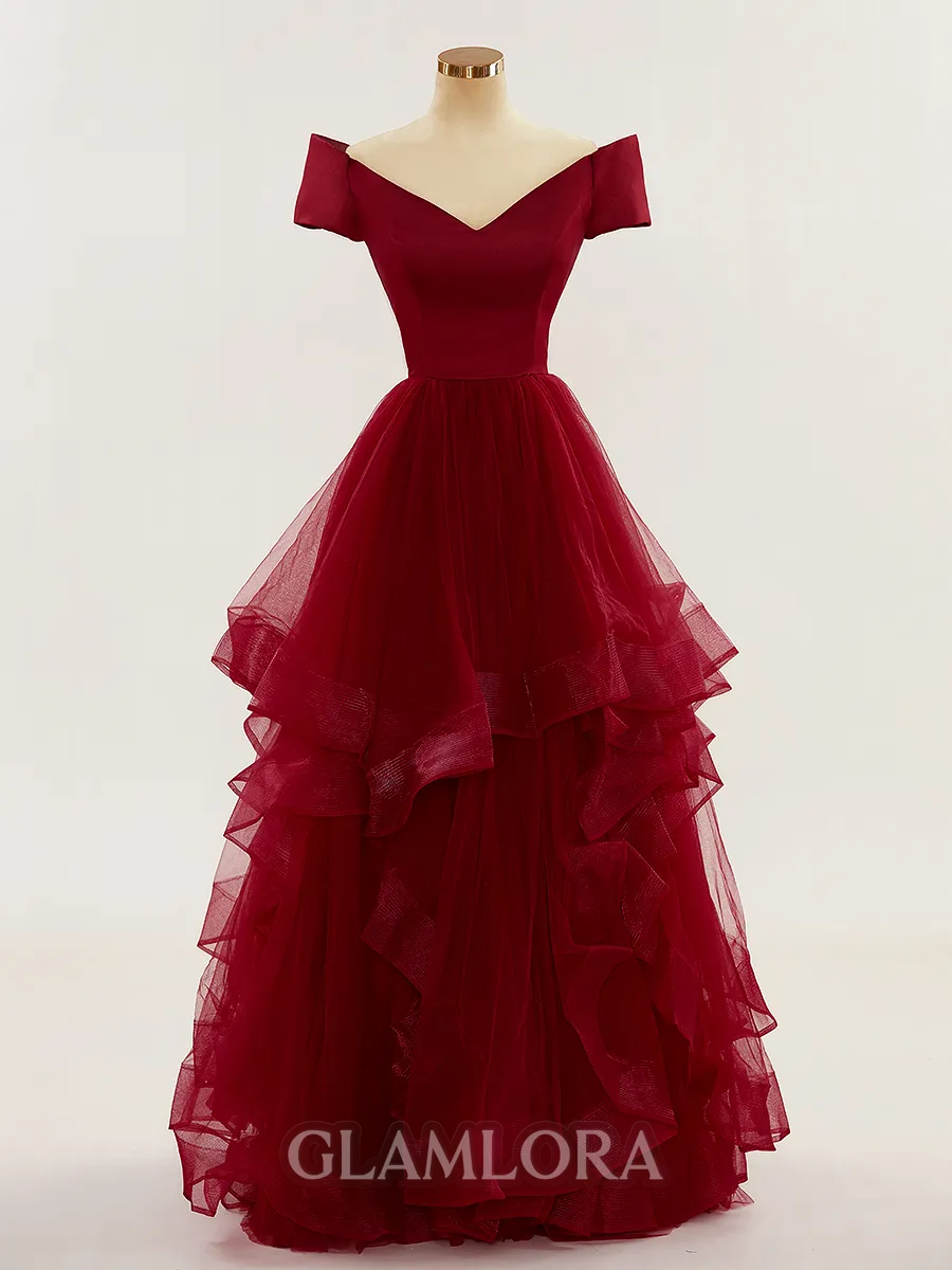A-line Stunning Off-the-Shoulder Floor-Length Tulle Prom Dress With Ruffles