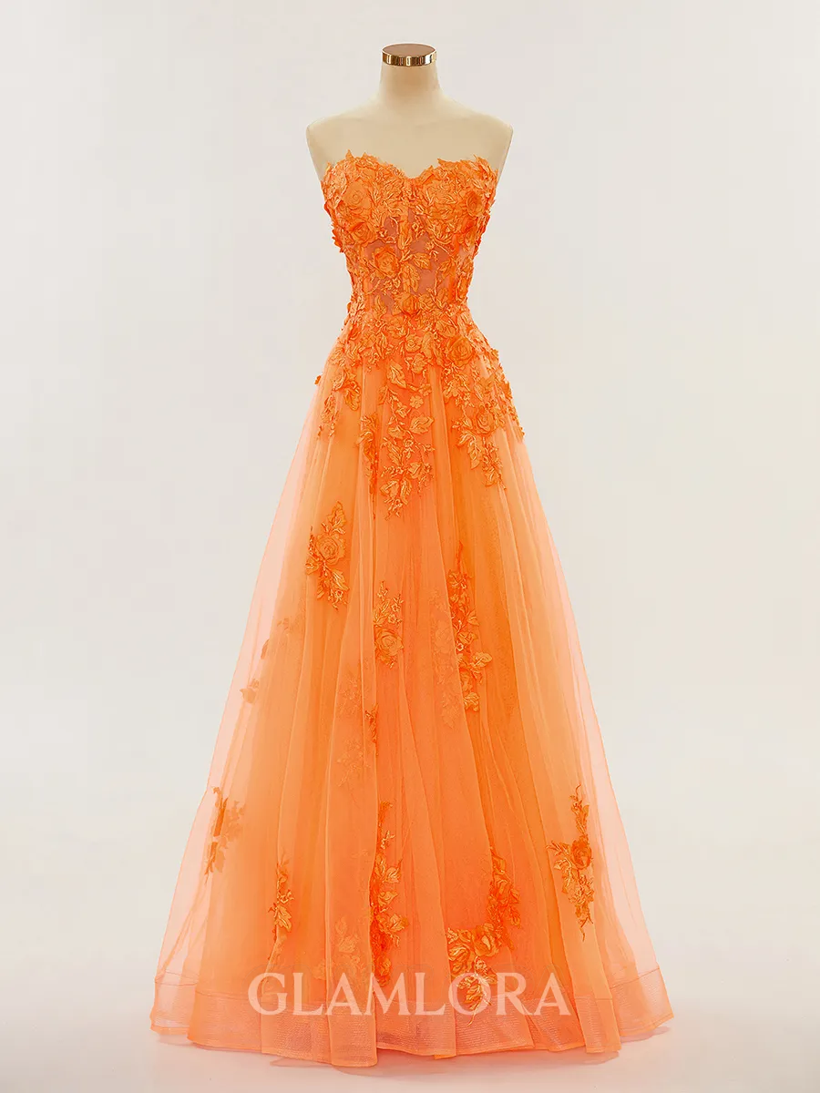 A-line Dreamy Sweetheart Floor-Length Tulle Corset Prom Dress With Flower