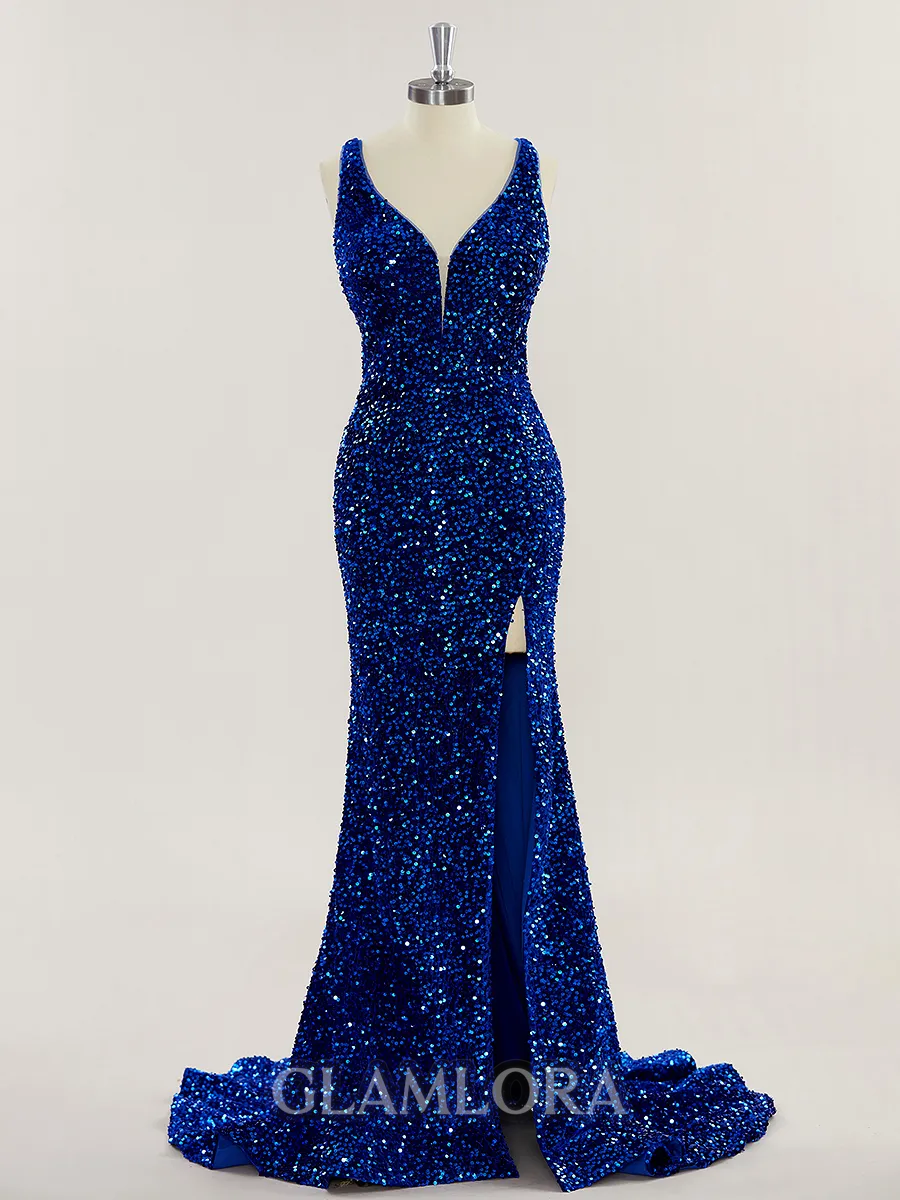Sheath/Column V-Neck Shining Sweep Train Velvet Sequins Prom Dress With Slit