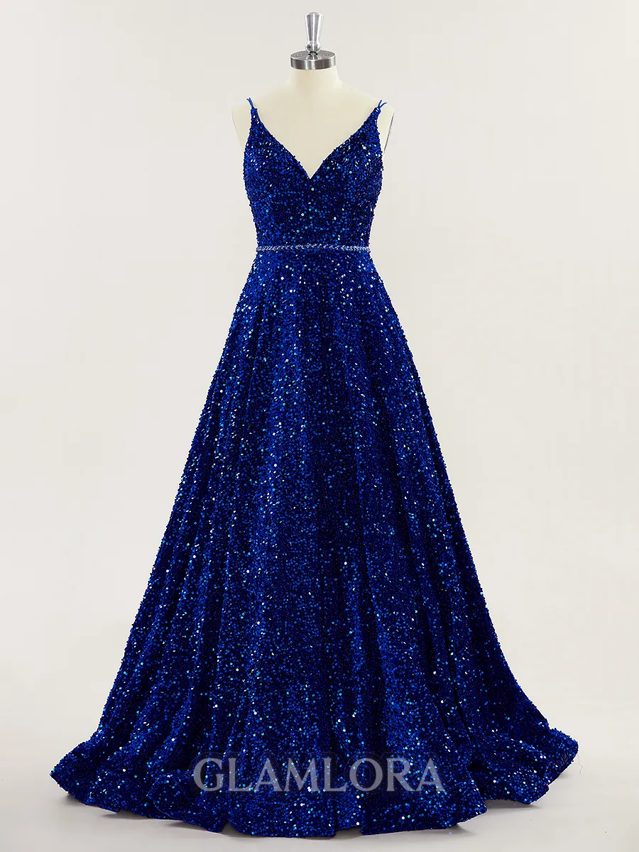 A-line V-Neck Coruscating Sweep Train Velvet Sequins Prom Dress