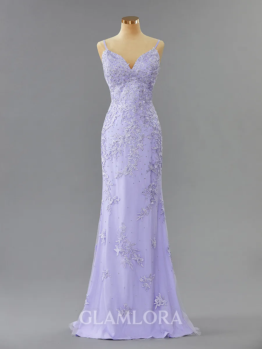 Unique Sheath/Column V-Neck Floor-Length Tulle Prom Dress With Appliques Lace