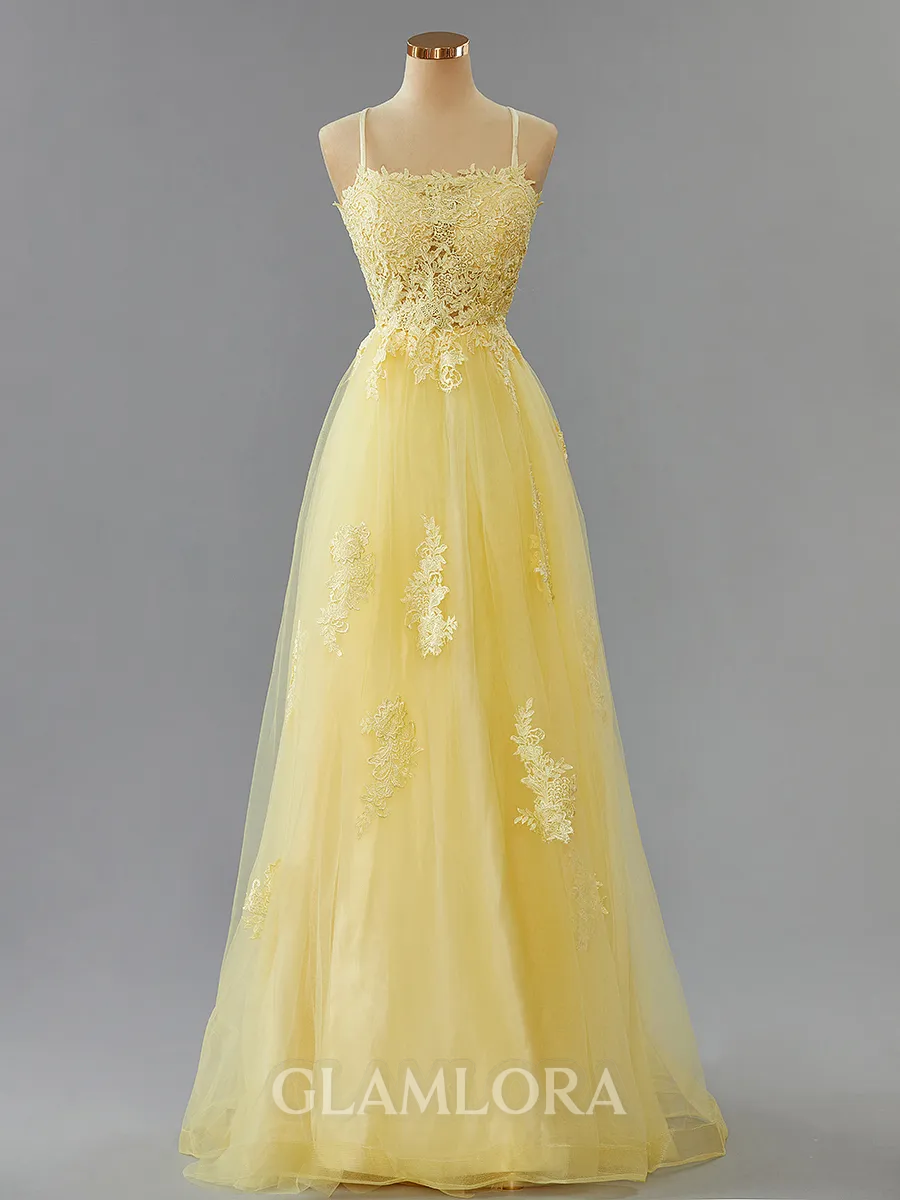 A-line Spaghetti Straps Sweep Train Trendy Tulle Prom Dress With Slit