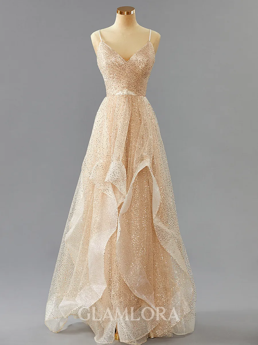 A-line Charming V-Neck Floor-Length open back Prom Dress With Sequins