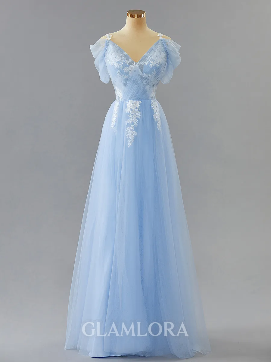 Fashion A-line Cold Shoulder Sweep Train Tulle Prom Dress With Slit