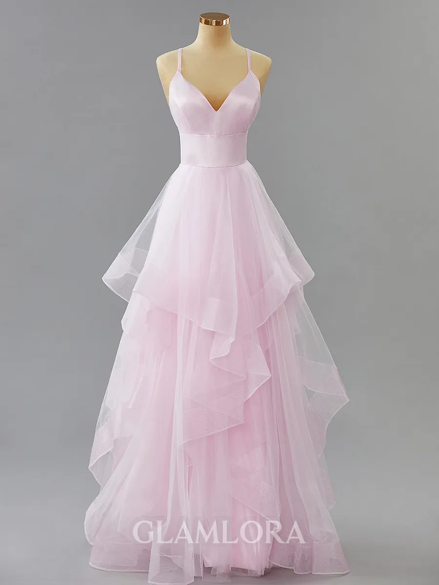 A-line V-Neck Pretty Floor-Length open back Tulle Prom Dress With Ruffles