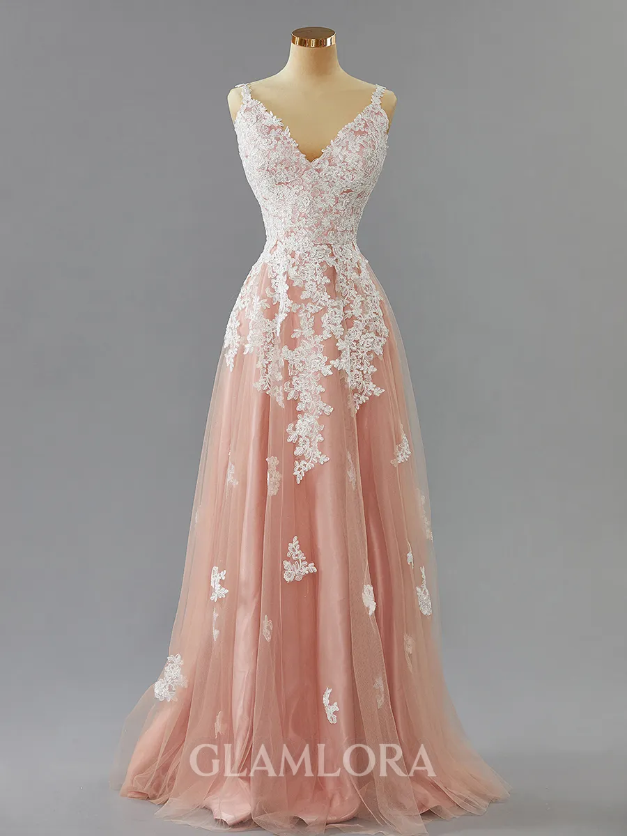 Charming A-line V-Neck Floor-Length Tulle Prom Dress With Appliques Lace
