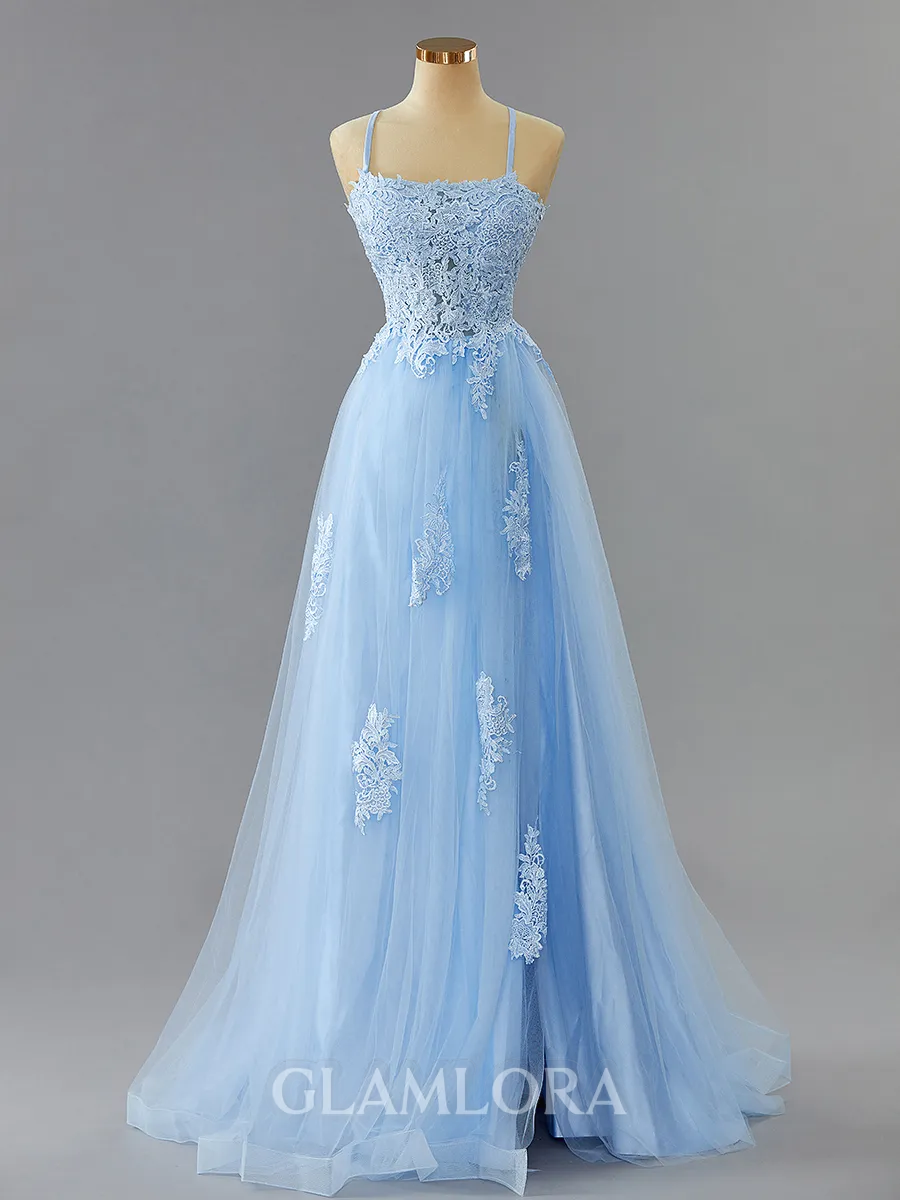 Delicate A-line Spaghetti Straps Sweep Train Tulle Prom Dress With Slit