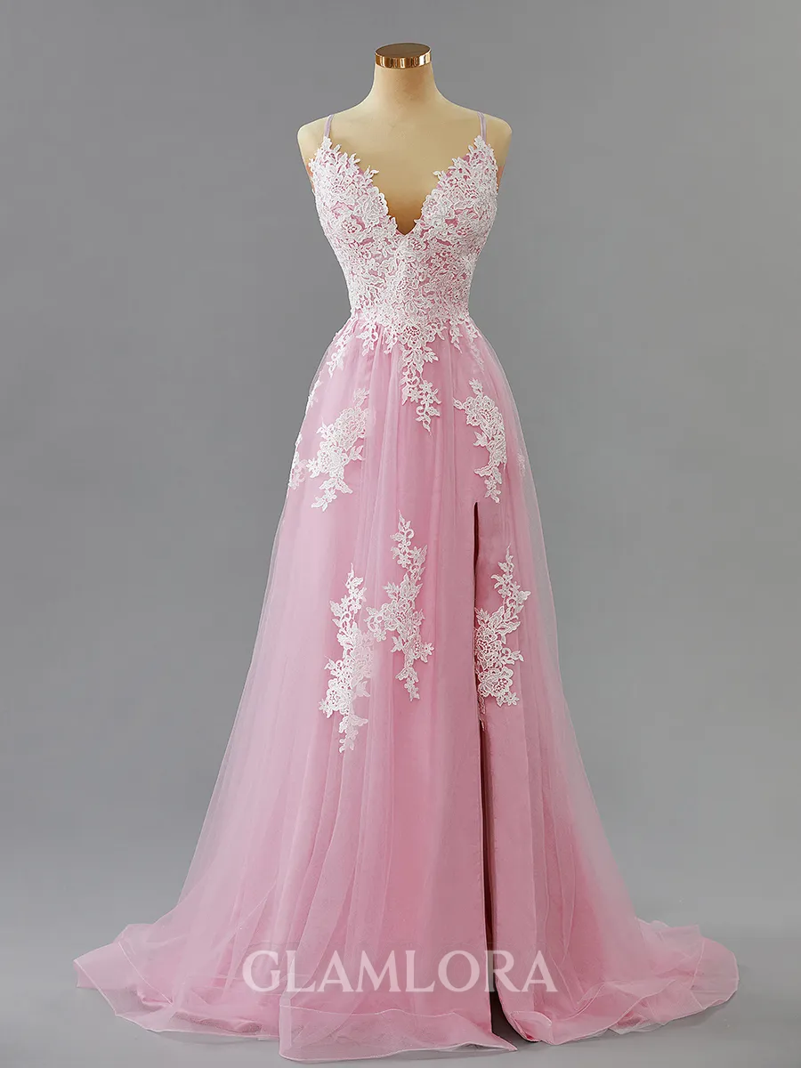 Exquisite A-line V-Neck Court Train Tulle Prom Dress With Slit