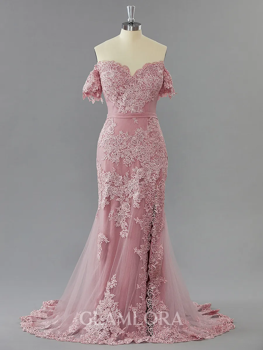 Sheath/Column Off-the-Shoulder Sweep Train Graceful Tulle Prom Dress With Slit