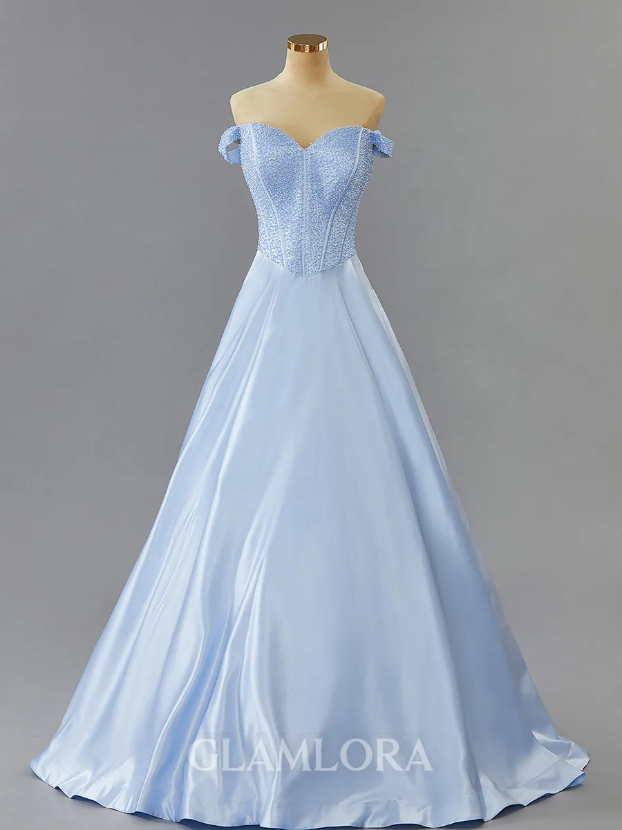 Ball-Gown Off-the-Shoulder Sweep Train Grand Satin Corset Prom Dress With Beading