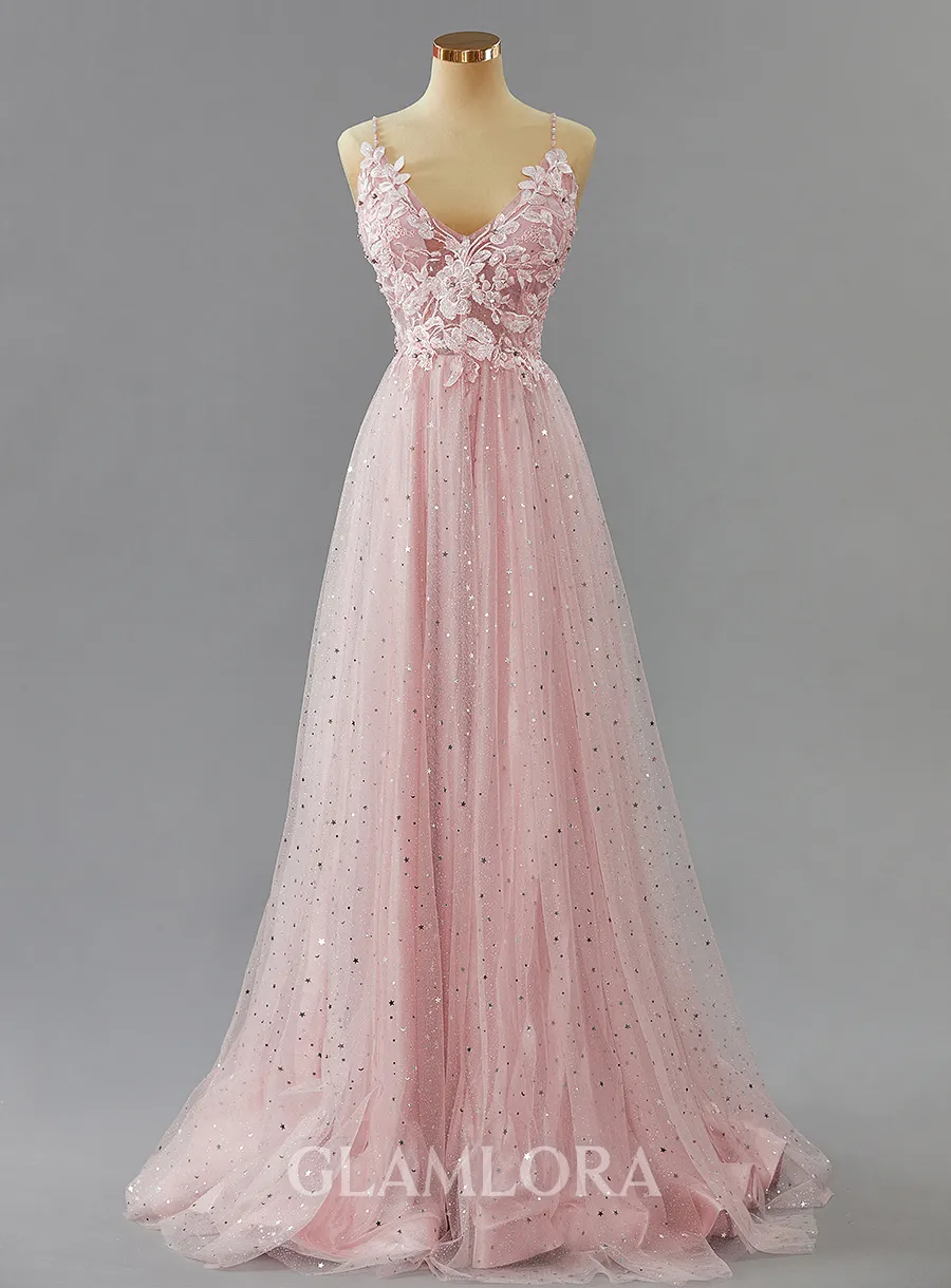 A-line Dazzling V-Neck Sweep Train open back Tulle Corset Prom Dress With Appliques Lace