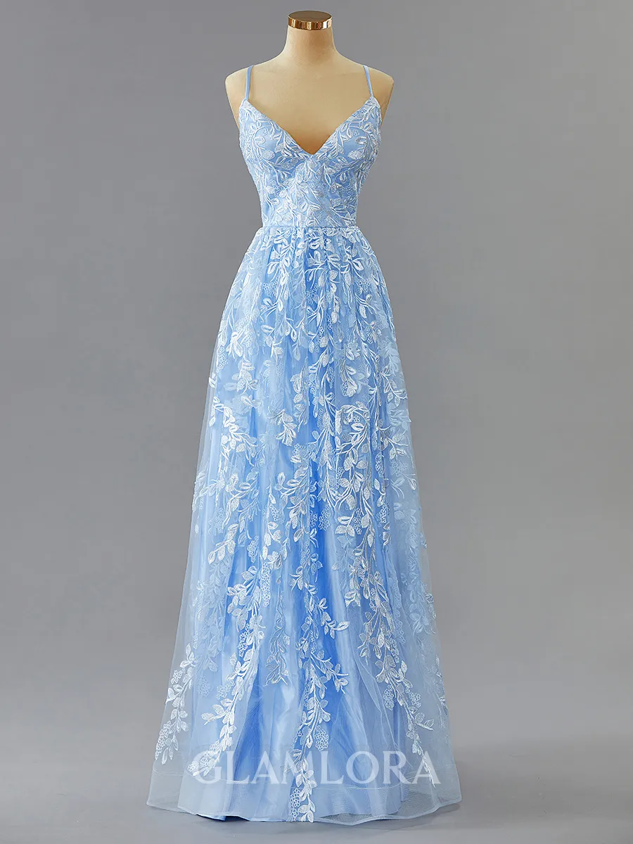 A-line Enchanting V-Neck Sweep Train Lace Prom Dress With Appliques Lace