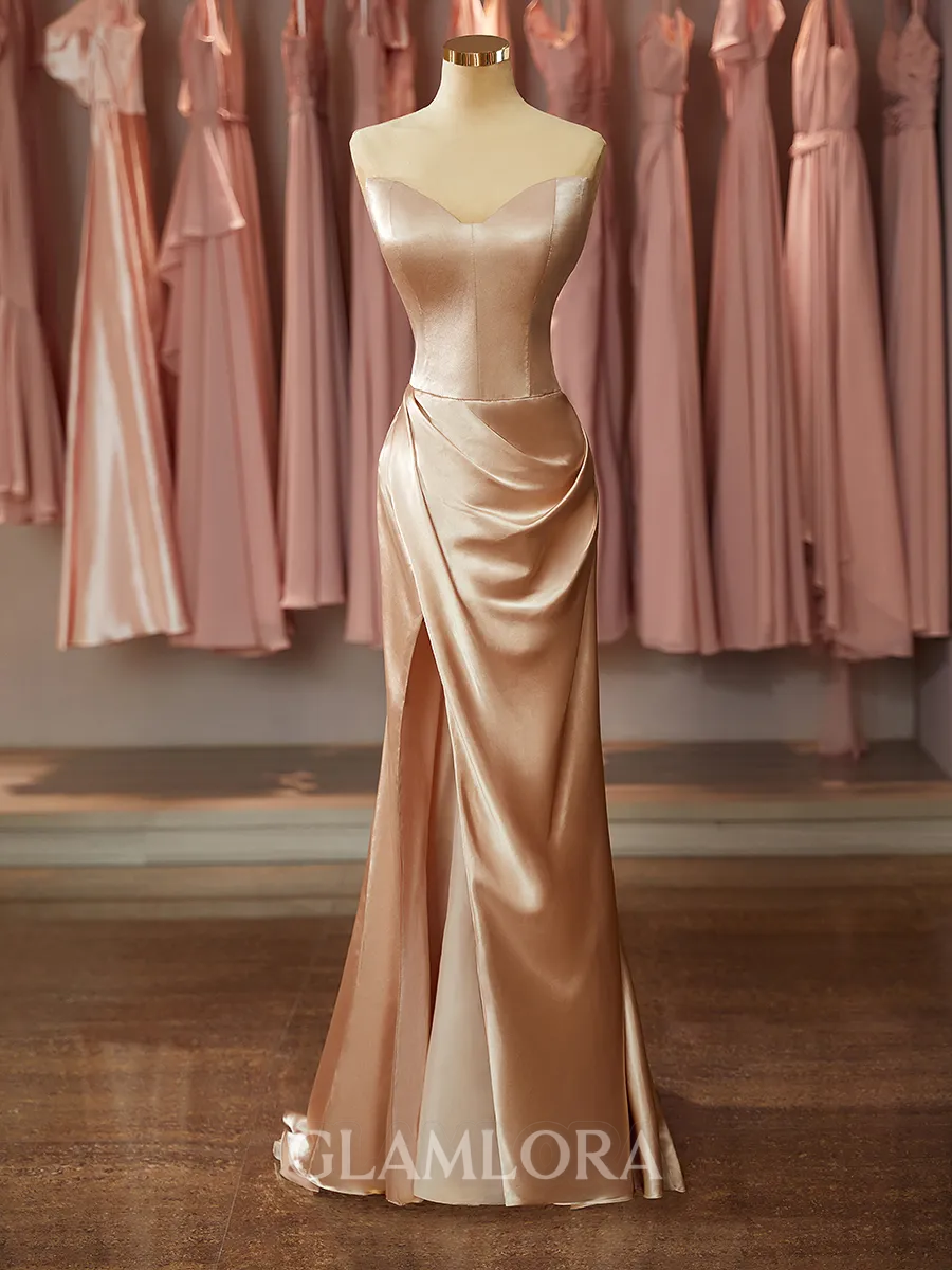 Sheath/Column Breathtaking Sweetheart Sweep Train open back Silk like Satin Prom Dress With Slit