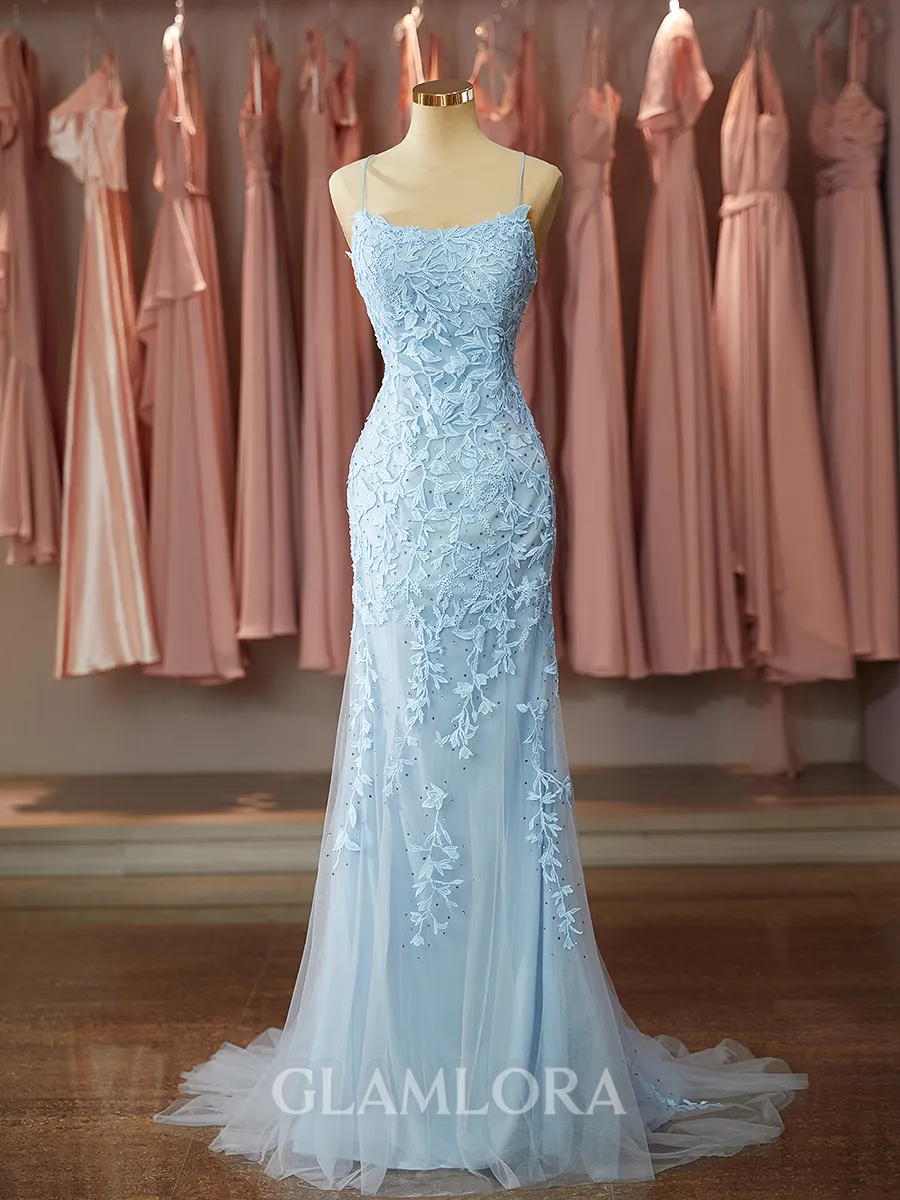 Classy Trumpet/Mermaid Spaghetti Straps Court Train open back Tulle Prom Dress With Appliques Lace