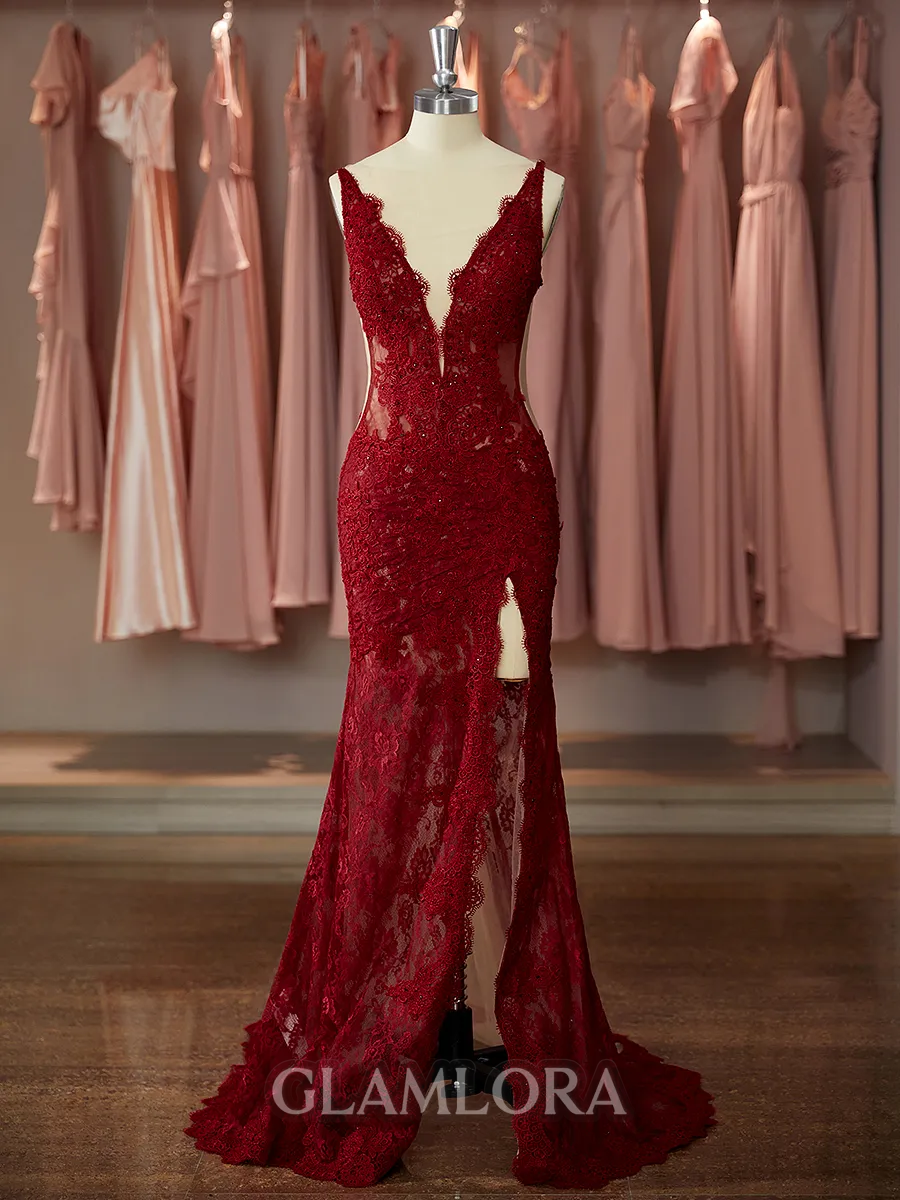 Flattering Trumpet/Mermaid V-Neck Sweep Train Tulle Prom Dress With Slit