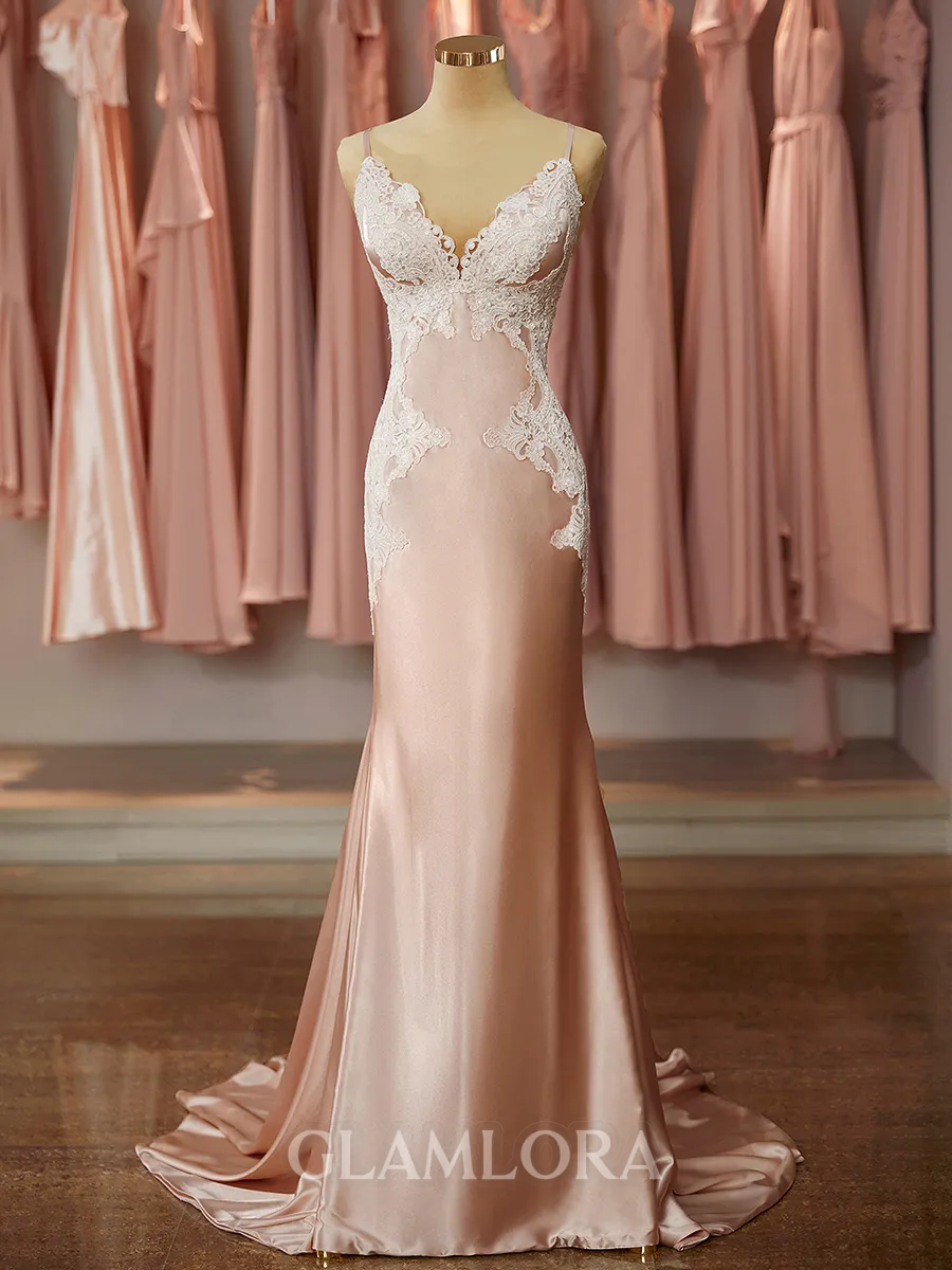Gorgeous Trumpet/Mermaid V-Neck Sweep Train open back Silk like Satin Prom Dress With Appliques Lace