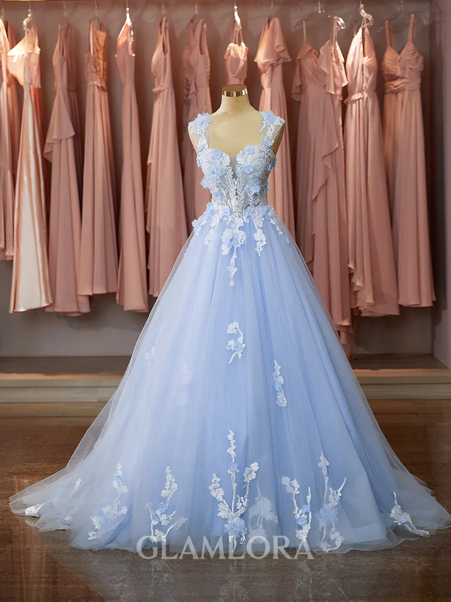 Graceful Ball-Gown Off-the-Shoulder Chapel Train Tulle Prom Dress With Flower