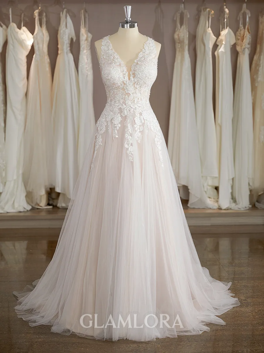 Perfect A-line V-Neck Court Train Tulle Wedding Dress With Applique