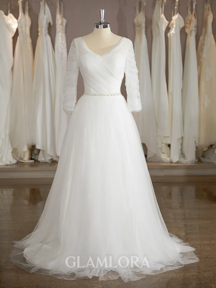 A-line V-Neck Fashion 3/4 Sleeves Sweep Train Tulle Wedding Dress With Ruched