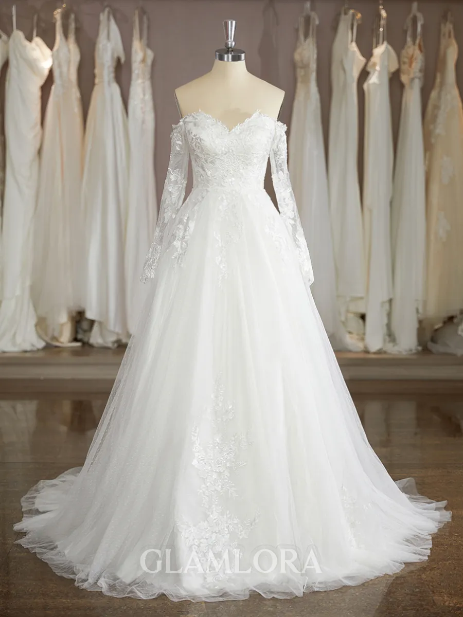 Pretty A-line Sweetheart Long Sleeves Sweep Train Tulle Wedding Dress With Applique