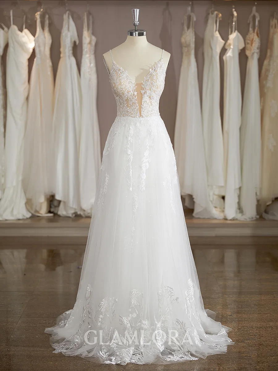 Charming A-line V-Neck Court Train Tulle Wedding Dress With Applique