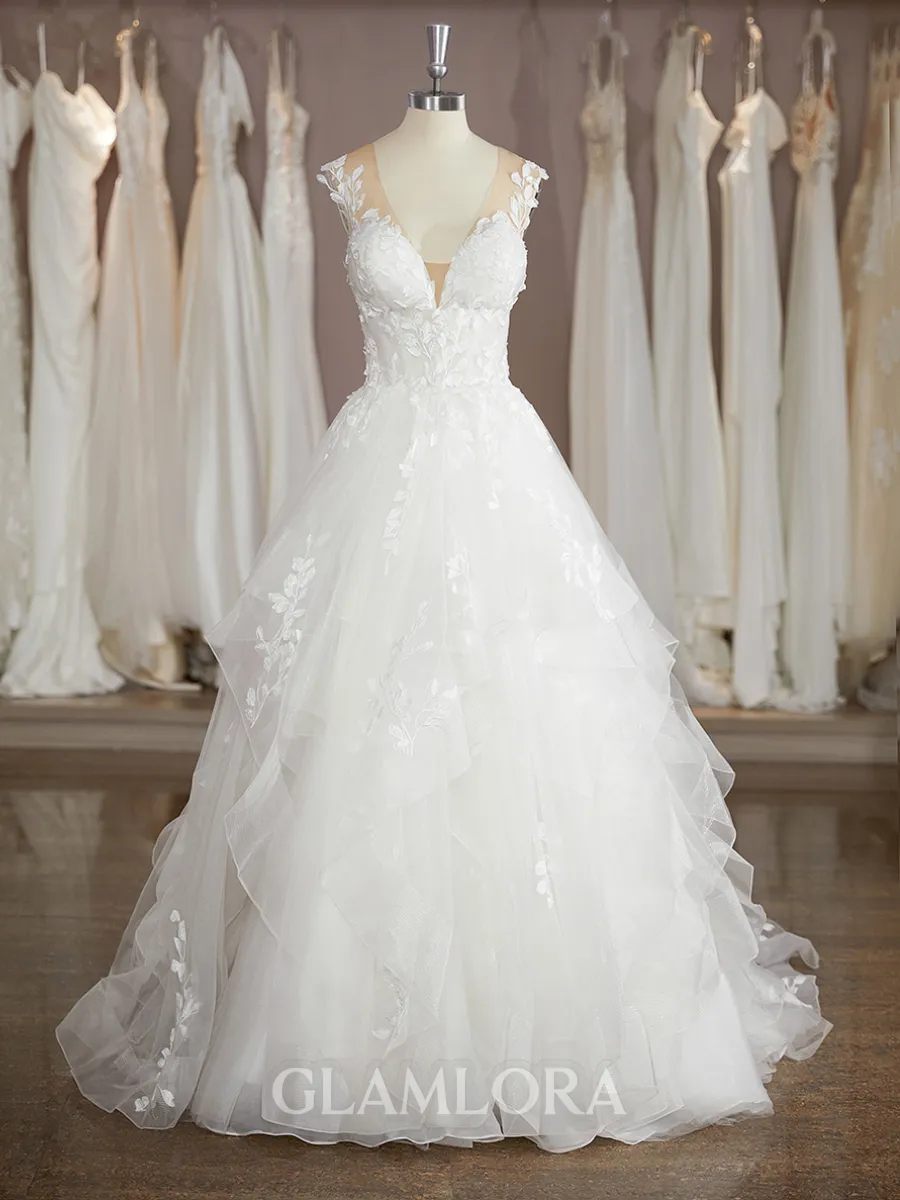 A-line V-Neck Chapel Train Delicate Tulle Wedding Dress With Applique