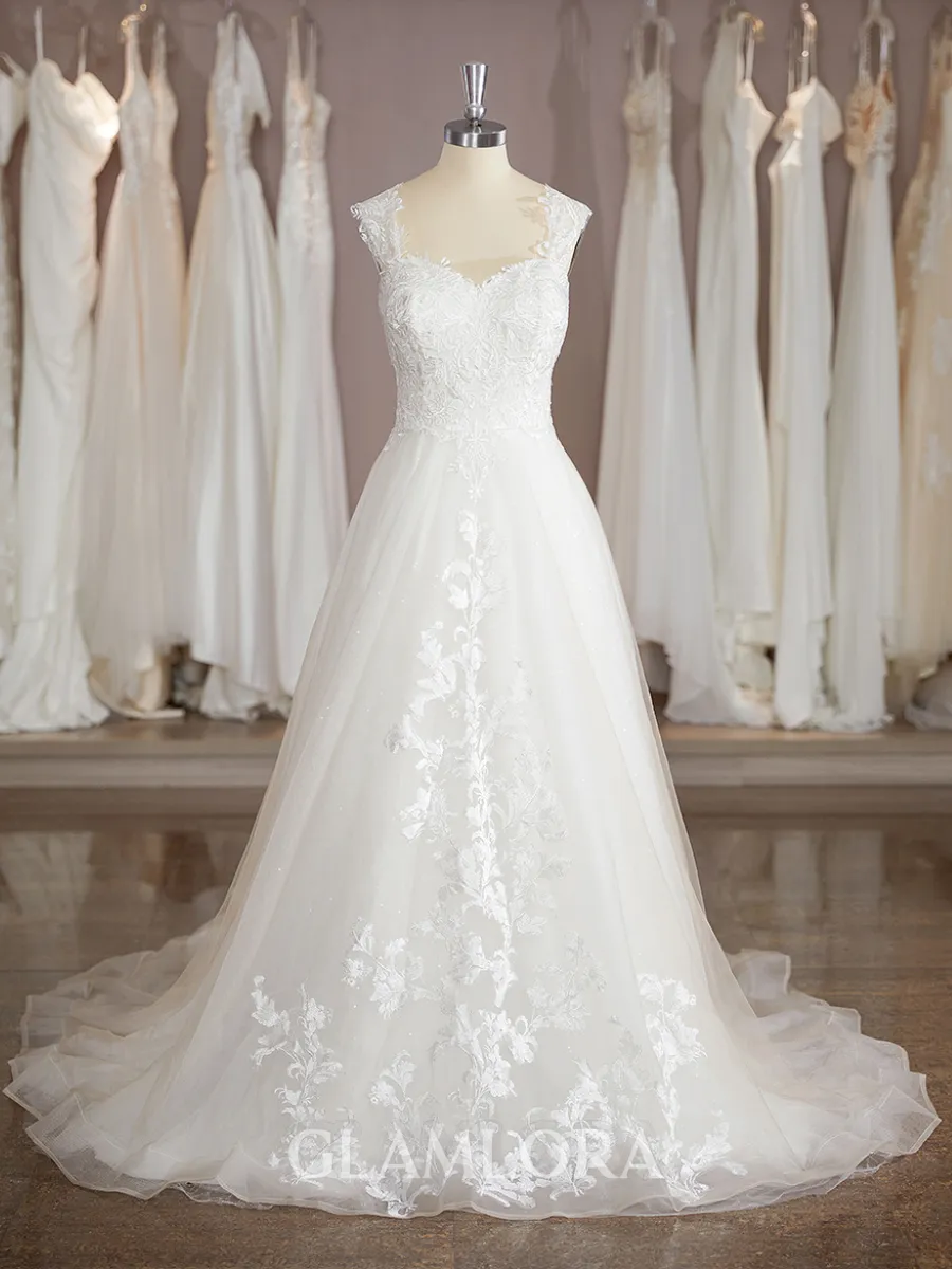 A-line Sweetheart Sweep Train Glamorous Lace Wedding Dress With Applique