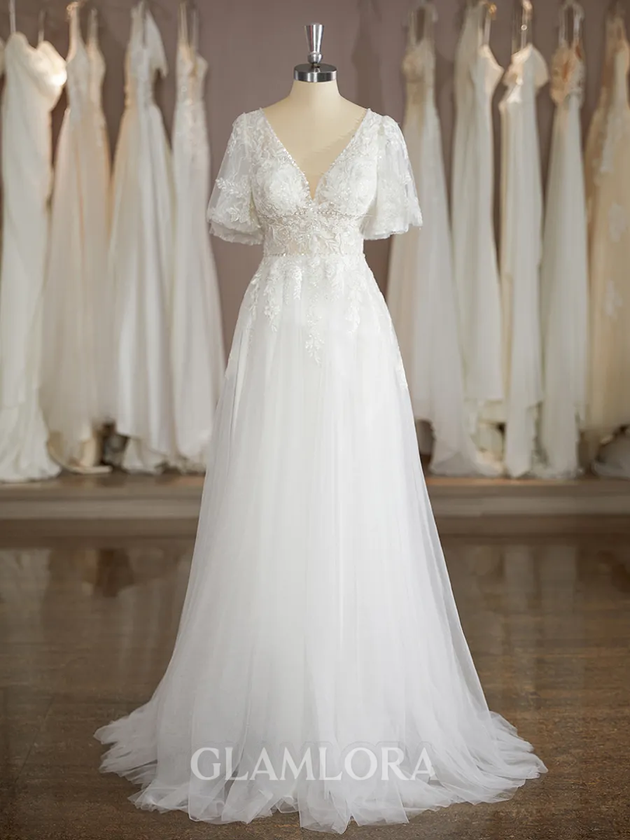 A-line V-Neck Short Sleeves Floor-Length Opulent Tulle Wedding Dress With Applique