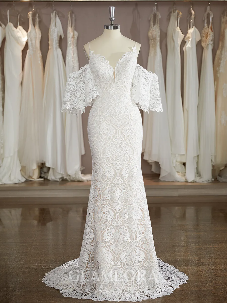 Sheath/Column Exquisite V-Neck Short Sleeves Sweep Train Lace Wedding Dress With Applique