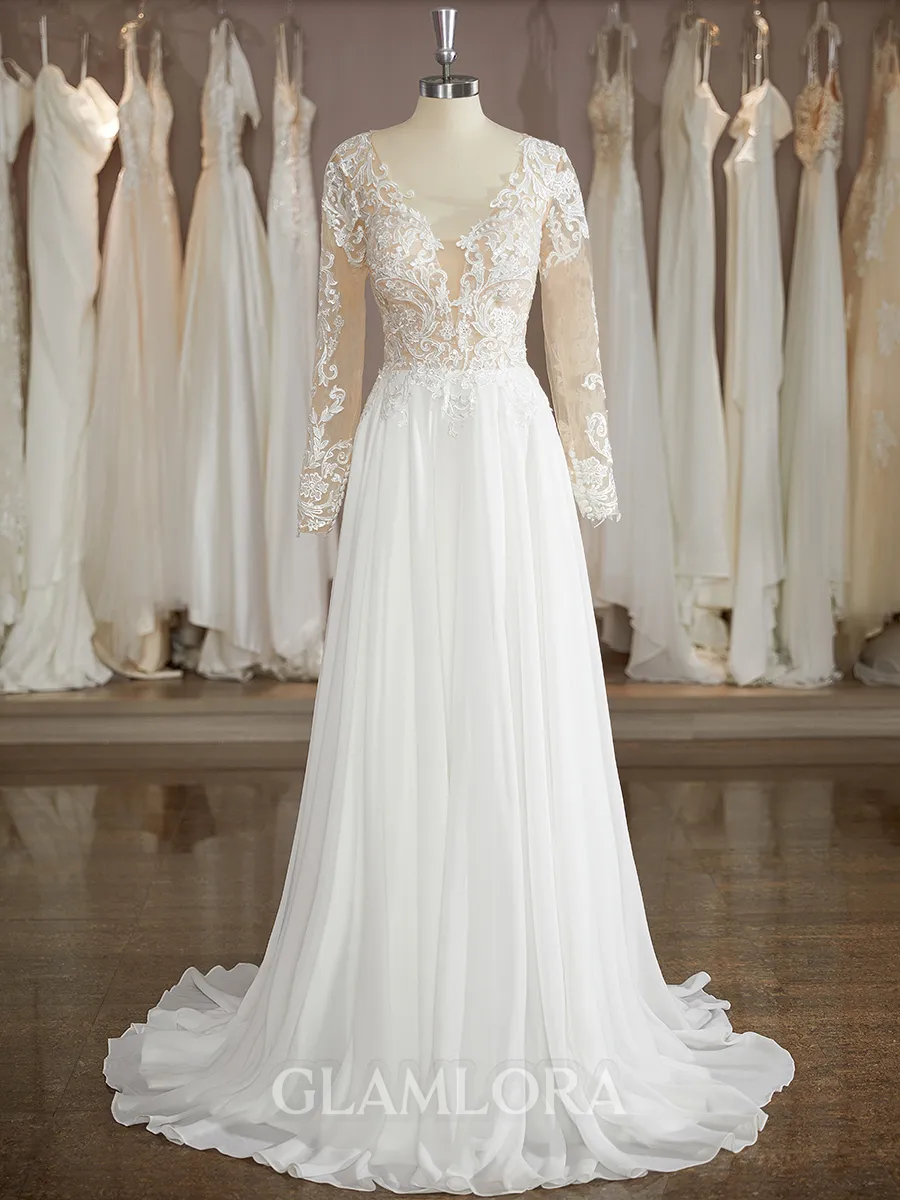 A-line Splendid V-Neck Long Sleeves Sweep Train Chiffon Wedding Dress With Applique
