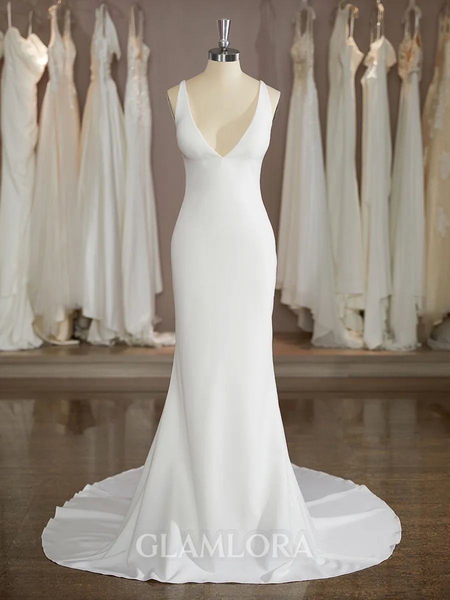 Sheath/Column V-Neck Enchanting Court Train Stretch Crepe Wedding Dress