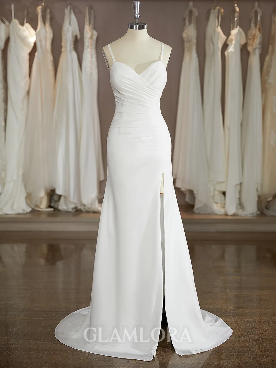 Breathtaking Sheath/Column V-Neck Sweep Train Chiffon Wedding Dress With Slit