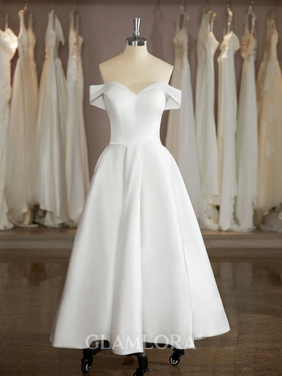 Gorgeous A-line Off-the-Shoulder Ankle-Length Satin Wedding Dress