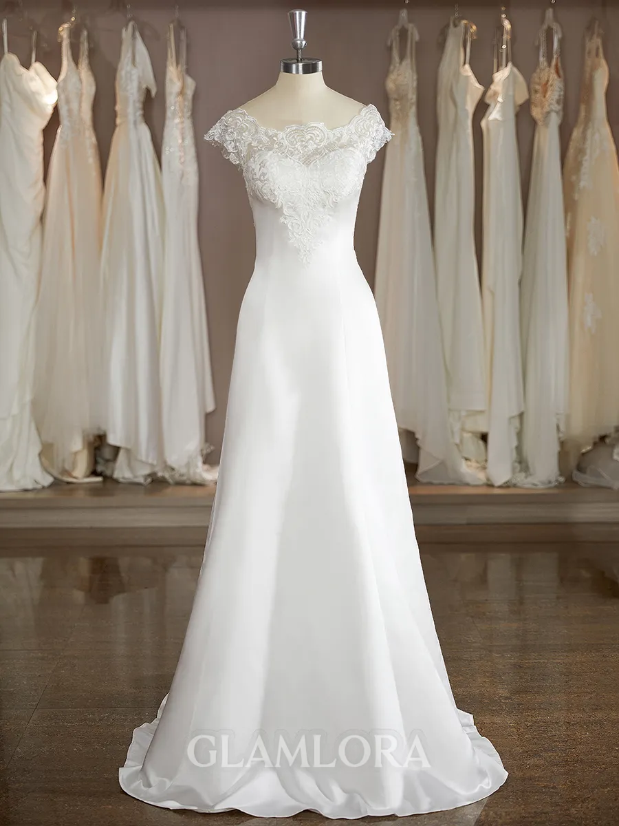 Luxurious A-line Scoop Chapel Train Satin Wedding Dress With Applique