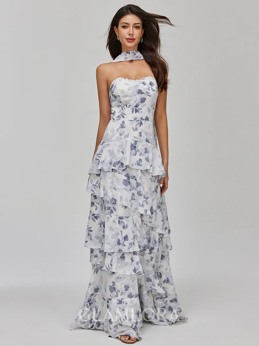 Elegant A-line Straight Cascading Ruffles Floor-Length Chiffon Bridesmaid Dress