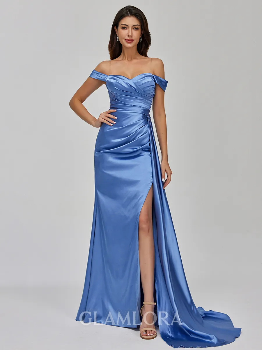 Regal Sheath Off-the-Shoulder Pleated Sweep Train Silk Like Satin Bridesmaid Dress